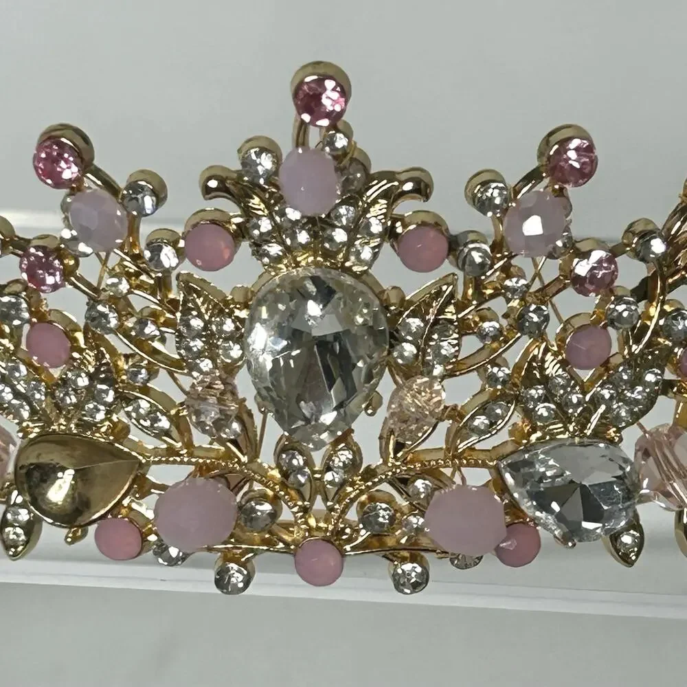 Gold Tone Pink Rhinestone Tiara Floral Princess Crown Bridal Prom Costume